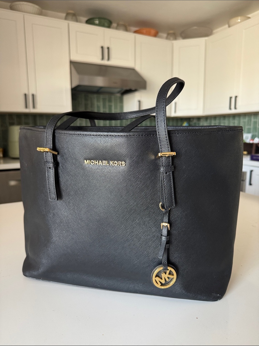 Michael Kors Black Leather Logo Charm Tote